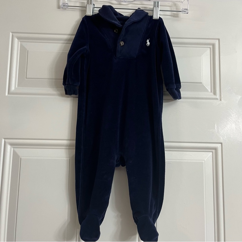 Ralph Lauren Velour Footed Onesie Navy Blue Baby Boy Size 6 Months